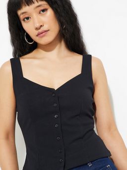 max - Black Women Solid Sweetheart Classic Comfort Chic Top
