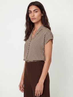max - Beige Women Stripes Collar Neck Trendy Classic Smart Top