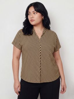 max - Beige Women Stripes V-Neck Daily Wear Minimal Top