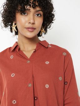 max - Rust Women Embroidered Collar Neck Premium Casual Modern Top
