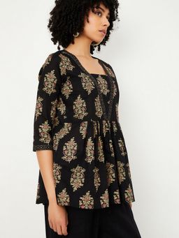 max - Black Women Floral Square Neck Soft Comfortable Classic Top