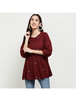 max - Pink Women Embroidered Round Neck Elegant Relaxed Daily Wear Top