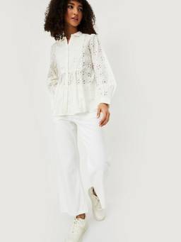 max - Off Women White Self Design Collar Neck Trendy Classic Smart Top