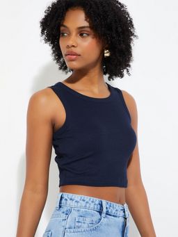 max - Navy Women Blue Solid Round Neck Chic Comfort Fashionable Top