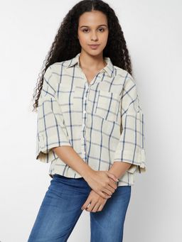 max - Off Women White Checks Collar Neck Smart Stylish Premium Casual Top