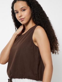 max - Brown Women Solid Round Neck Easy Comfort Soft Comfortable Top