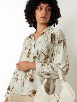 max - Beige Women Printed Mandarin Neck Soft Comfortable Classic Top
