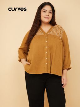 max - Yellow Women Embroidered V-Neck Chic Comfort Fashionable Top