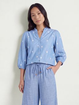 max - Blue Women Embroidered Mandarin Neck Daily Wear Minimal Top