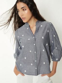max - Black Women Embroidered Mandarin Neck Modern Casual Relaxed Top