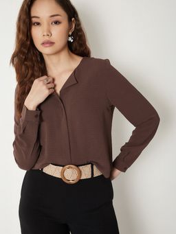 max - Brown Women Textured Round Neck Smart Stylish Premium Casual Top