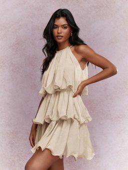 MISS MOSA BY AKANKSHA - Dovie Halterneck Ruffle Mini Dress Beige