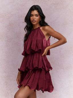 MISS MOSA BY AKANKSHA - Dovie Halterneck Ruffle Mini Dress Maroon