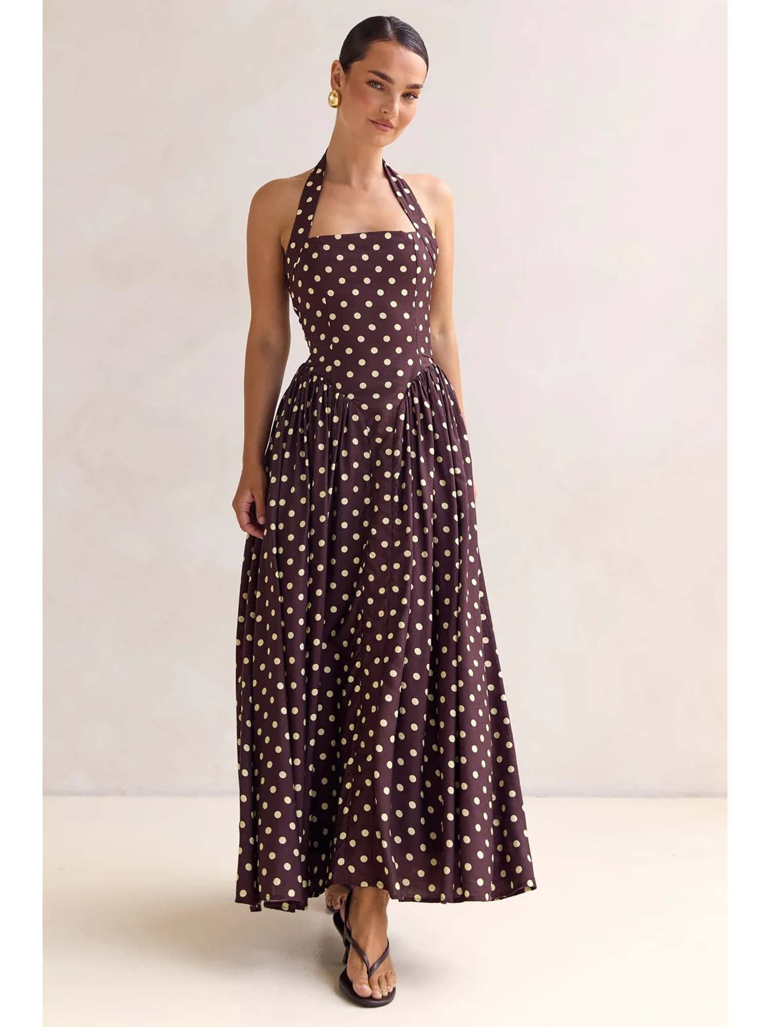 Inaya Drop Waist Polka Maxi Dress Brown-picture-44