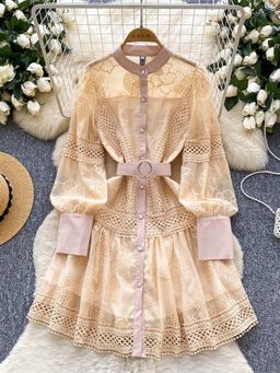 MISS MOSA BY AKANKSHA - Ines Embroidered Shirt Mini Dress with Belt Beige