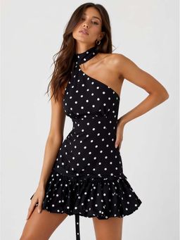MISS MOSA BY AKANKSHA - Iris Balloon Polka Mini Dress with Belt Black