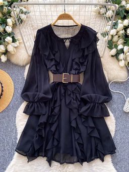 MISS MOSA BY AKANKSHA - Kara Ruffle Mini Dress with Belt Black