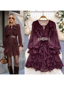 MISS MOSA BY AKANKSHA - Kara Ruffle Mini Dress with Belt Wine