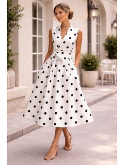 MISS MOSA BY AKANKSHA - Retro Polka Midi Dress with Belt White