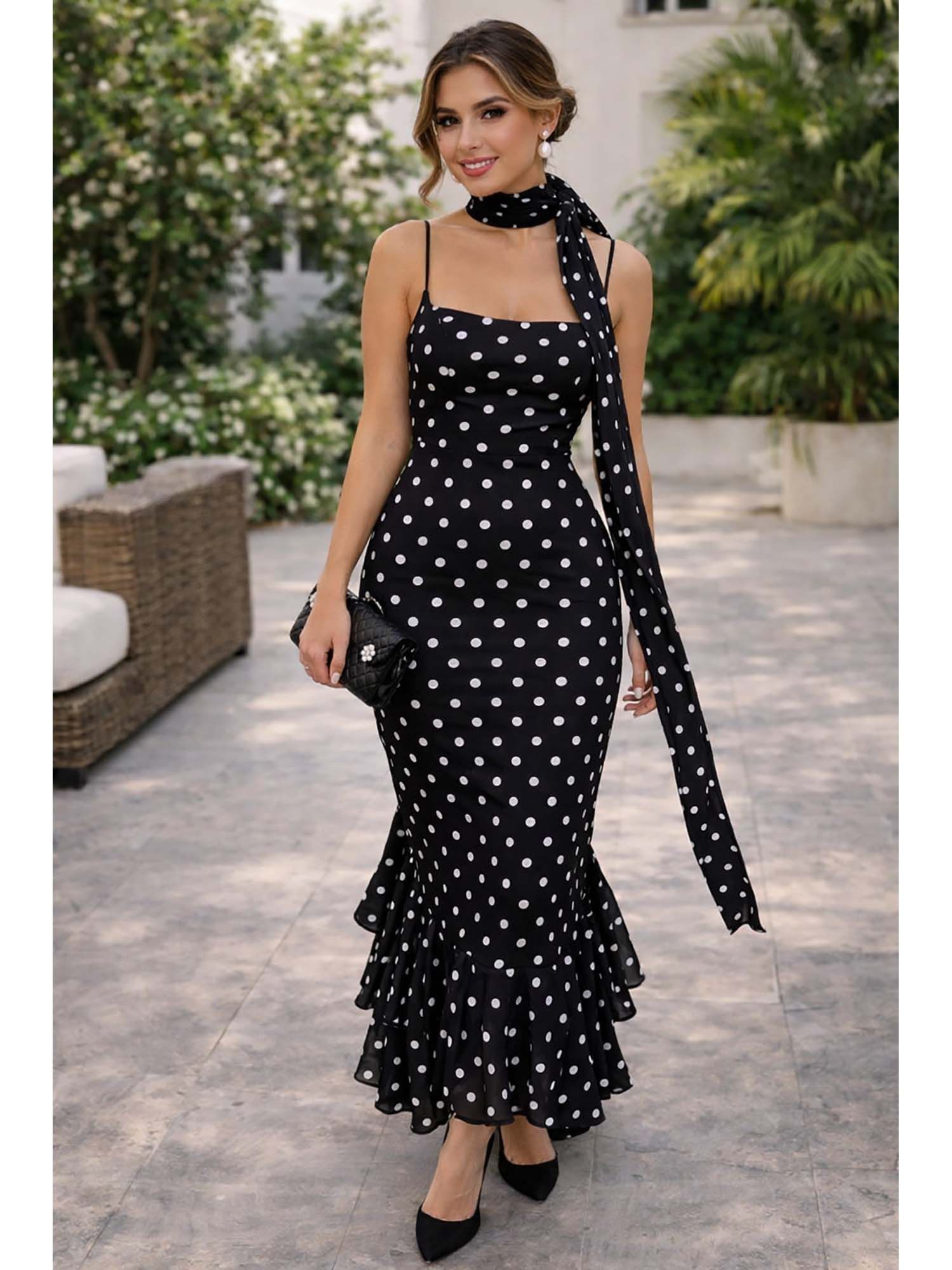 Sakura Polka Maxi Dress with Scarf Black-picture-34