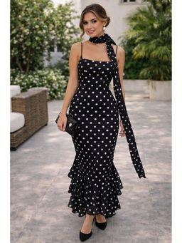 MISS MOSA BY AKANKSHA - Sakura Polka Maxi Dress with Scarf Black