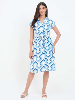 Madame - Blue Cotton Printed Shirt Dress