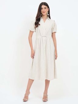 Madame - Beige Viscose Linen Blend Midi Dress