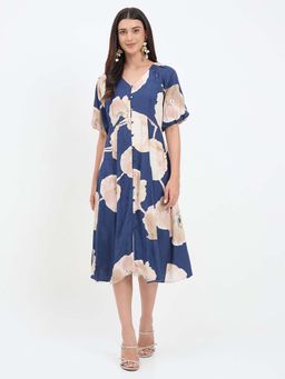 Madame - Navy Blue Floral Printed Dress