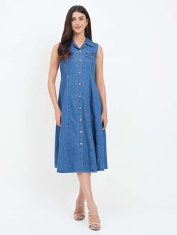 Madame - Blue Denim A-Line Shirt Dress