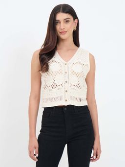 Madame - Off White Cotton Textured Crop Top