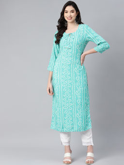 PIROH - Womens Rayon Bandhej Print Straight Kurta Blue
