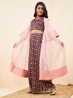 Stylo Bug - Girls Flower Printed Round Neck Crop Top, Pant & Jacket Purple (Set of 3)