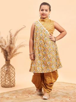 Stylo Bug - Girls Flower Printed Shirt Collar Kurta & Dhoti Yellow (Set of 2)