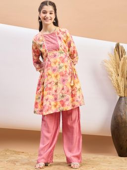 Stylo Bug - Girls Flower Printed Round Neck Kurta & Palazzo Pink (Set of 2)
