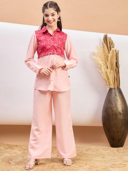 Stylo Bug - Girls Printed Shirt Collar A-Line Shirt & Palazzo Pink (Set of 2)