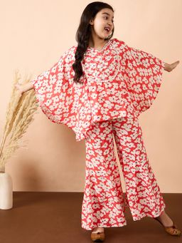 Stylo Bug - Girls Flower All Over Print Round Neck Kurti & Palazzo Red (Set of 2)