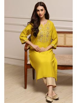 Biba - Women Mustard Viscose Blend Straight Kurta