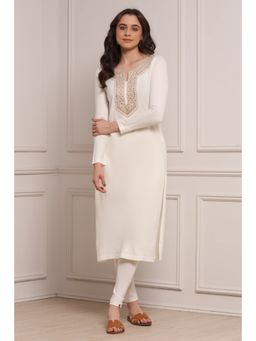 Biba - Women Off White Acrylic Straight Dyed Kurta
