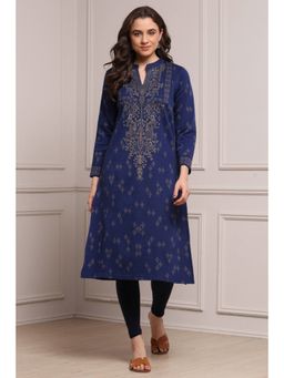 Biba - Women Navy Blue Polyester Straight Yarndyed Kurta