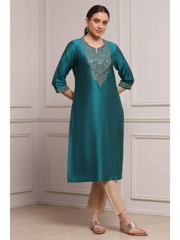 Biba - Women Teal Viscose Blend Solid Straight Kurta