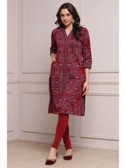 Biba - Women Maroon Cotton Blend Yarndyed Straight Kurta