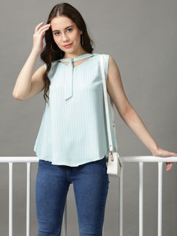 SHOWOFFFF - Womens Sleeveless Tie-up Neck Sea Green Striped Top