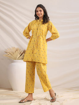 Janasya - Women Mustard Cotton Bandhani A-Line Co-Ord Set (Set of 3)