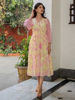 Janasya - Women Light Yellow Dobby Georgette Floral Fit & Flare Dress