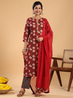 Janasya - Women Maroon Cotton Printed Kurta with Pant & Dupatta (Set of 3)