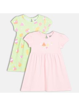 MINI KLUB - Green and Pink Half Sleeves A-Line Dresses
