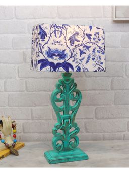 Homesake - Green Sculptural Wood Table Lamp Blue Birds