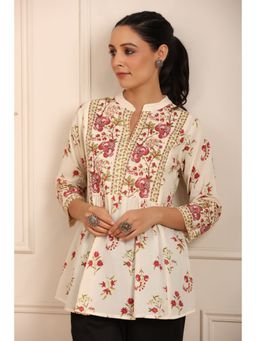 Rain & Rainbow - Women Cream and Red Floral Printed Pure Cotton Mandarin Collar Kurti