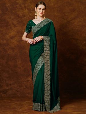 Women's Vichitra Silk Burgundy Embellished Designer Saree With Blouse Piece