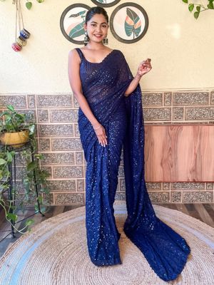 Women's Georgette Navy Blue Embellished Designer Saree With Blouse Piece